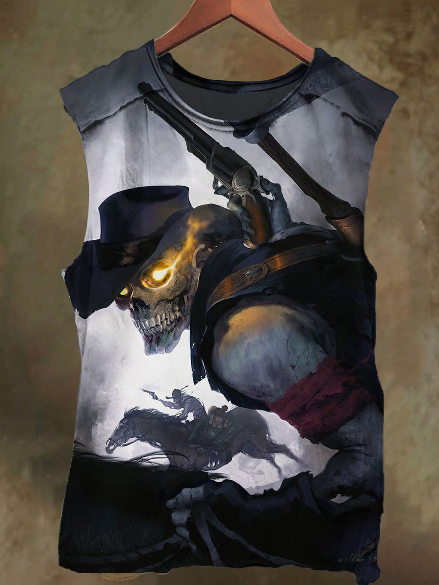 Unisex Cowboy Pistol Skull Print Casual Cotton Tank Top