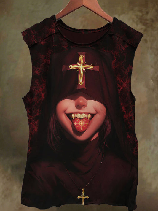 Unisex Crucifix Nun Print Casual Cotton Tank Top