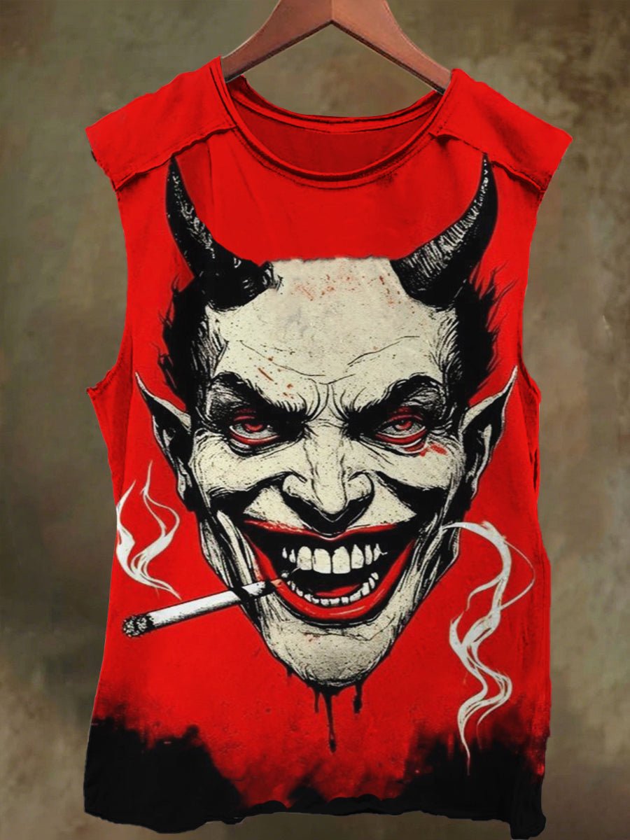 Unisex Devil Smoking Print Casual Cotton Tank Top