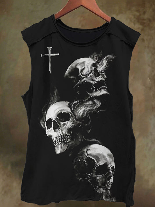 Unisex Cross Smoke Skull Print Casual Cotton Tank Top