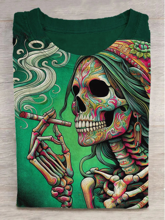 African Ethnic Girl Skull Print Round Neck Short Sleeve T-Shirt