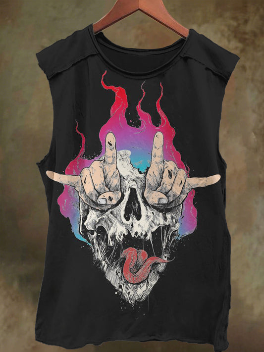Unisex Rock Gothic Skull Flame Print Casual Cotton Tank Top