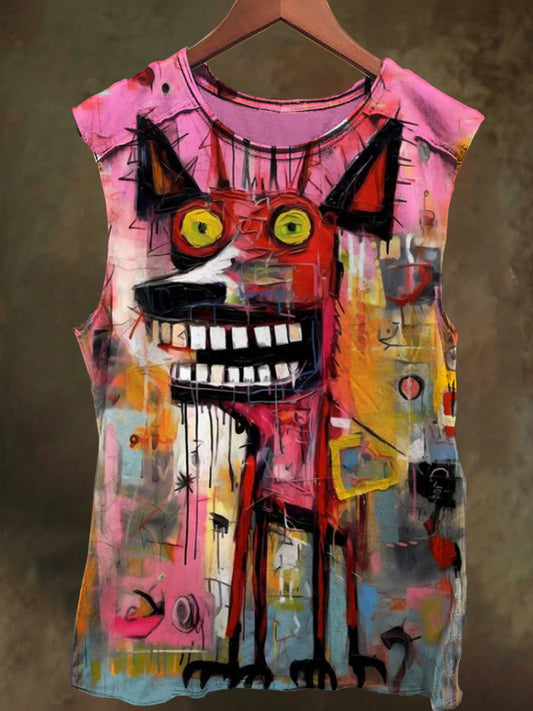 Unisex Abstract Dog Graffiti Print Casual Cotton Tank Top