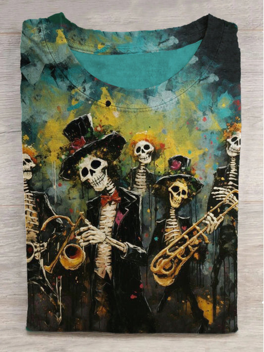 Skull Rock Band Printed Crew Neck Short Sleeve T-Shirt