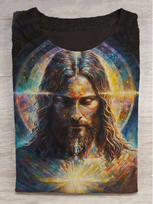Cosmic Jesus Printed Round Neck Short Sleeve T-Shirt