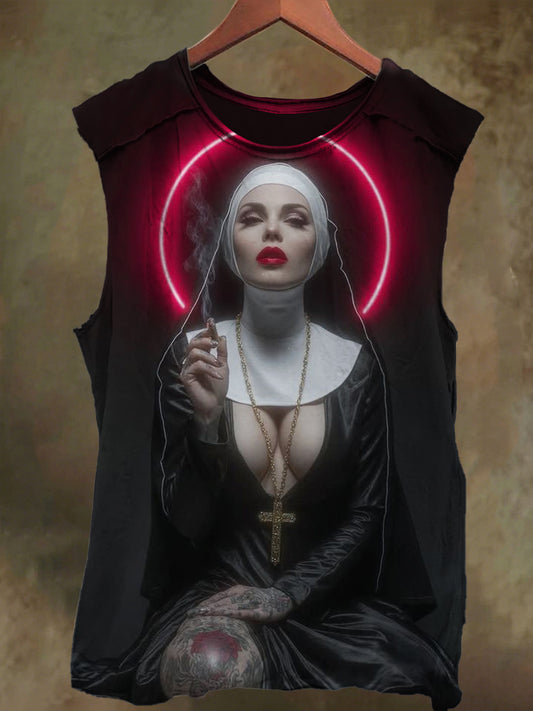Unisex Smoking Cross Nun Print Casual Cotton Tank Top