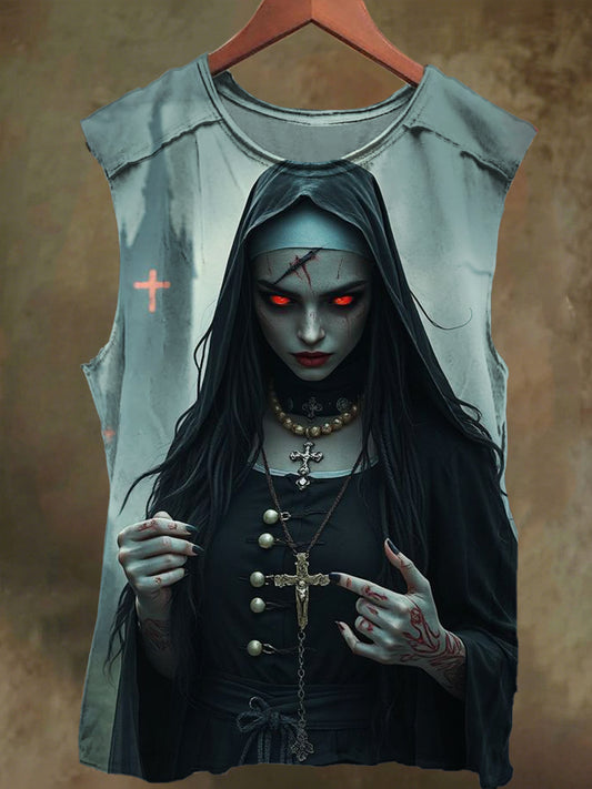 Unisex Gothic Crucifix Nun Print Casual Cotton Tank Top
