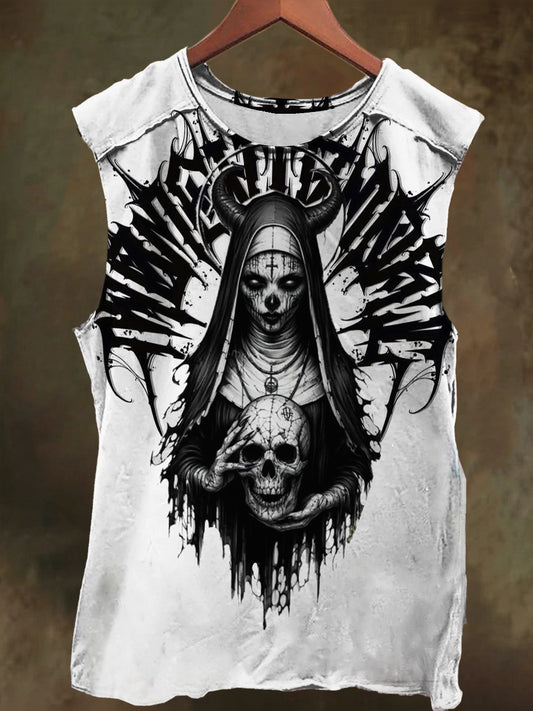 Unisex Nun Runes Gothic Skull Print Casual Cotton Tank Top