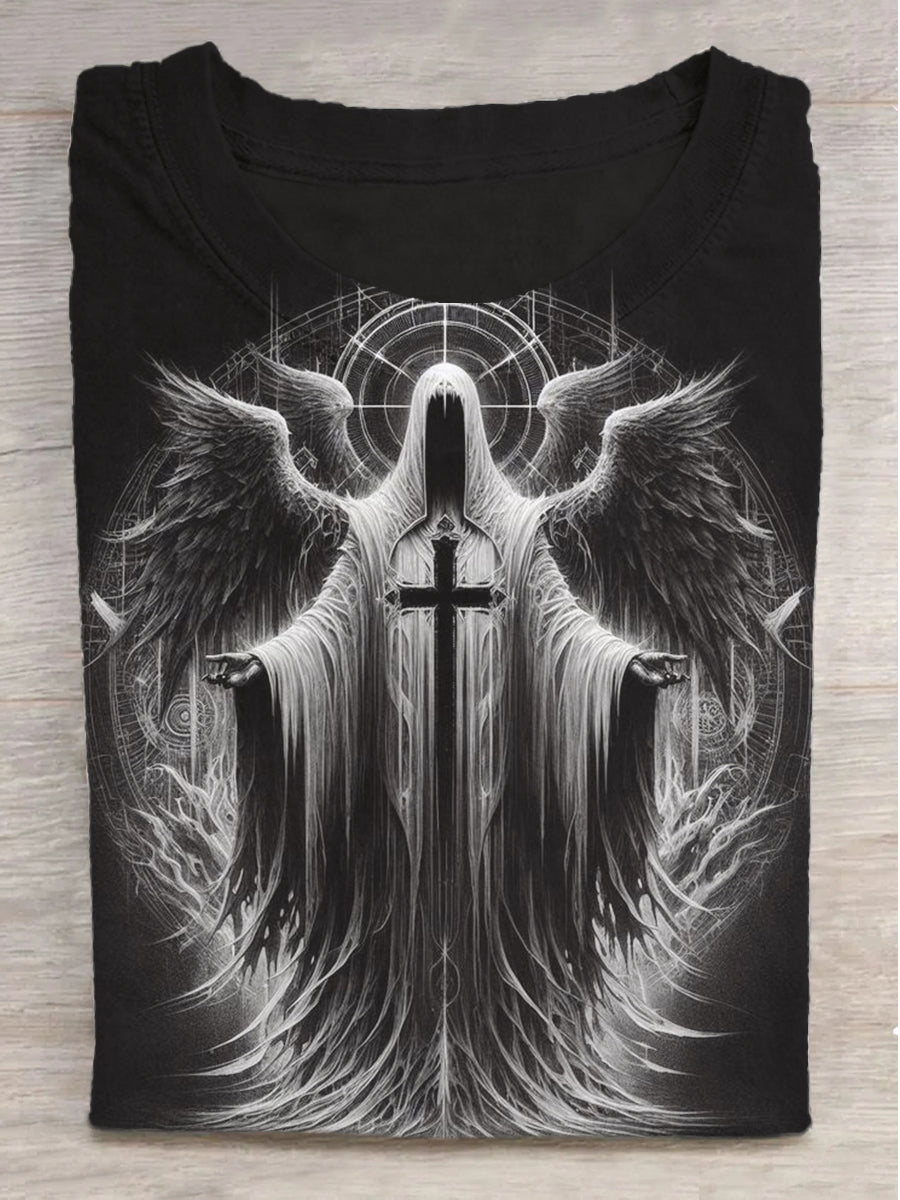 Cross Fallen Angel Print Round Neck Short Sleeve T-Shirt
