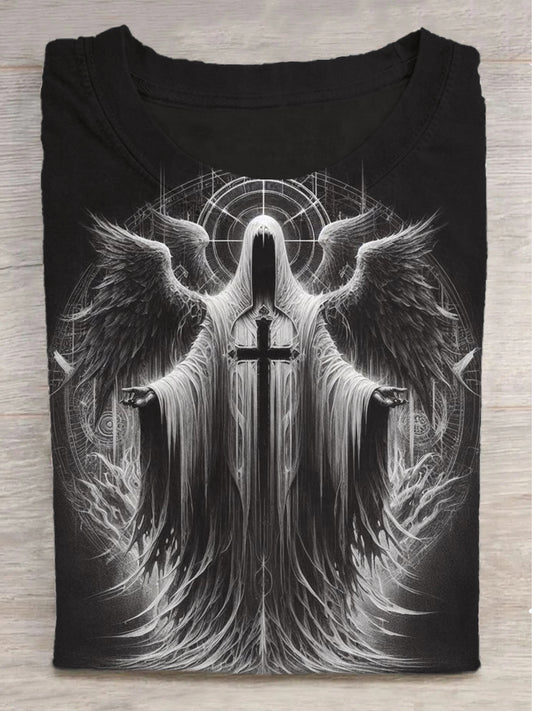 Cross Fallen Angel Print Round Neck Short Sleeve T-Shirt