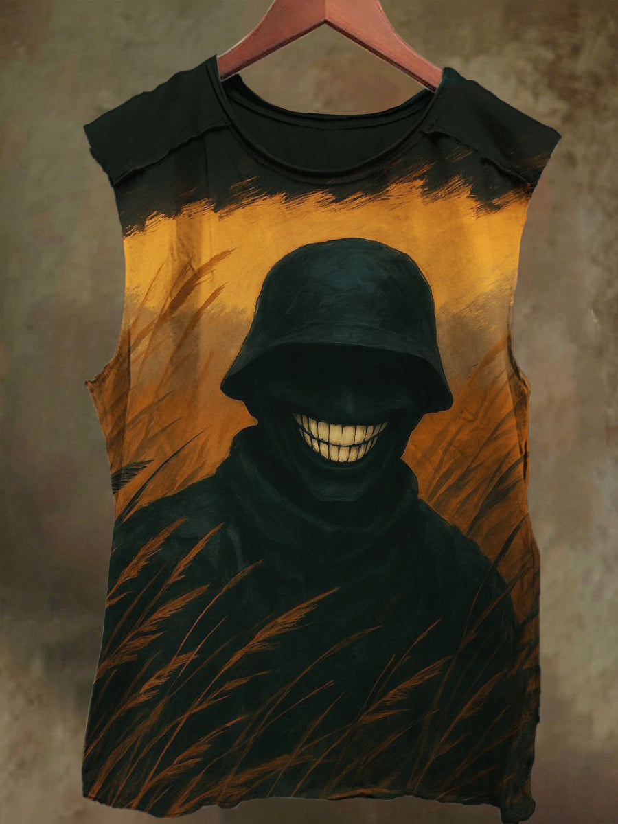 Unisex Straw Black Smiley Print Casual Cotton Tank Top