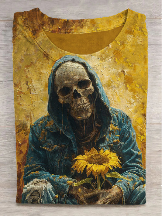 Skull Sunflower Print Round Neck Short Sleeve T-Shirt