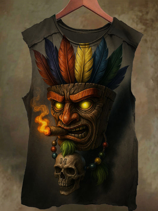 Unisex African Wooden Face Print Casual Cotton Tank Top