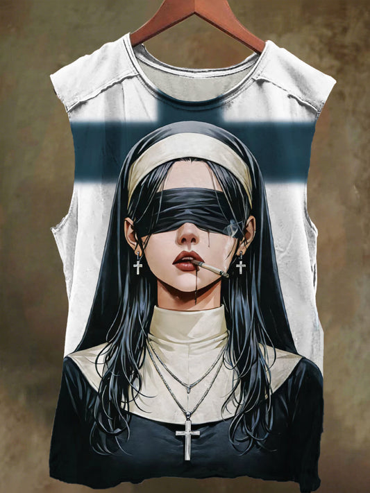 Unisex Cross Blindfold Nun Print Casual Cotton Tank Top