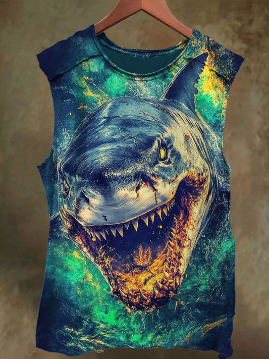 Unisex Dark Fierce Shark Print Casual Cotton Tank Top