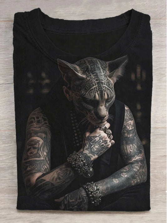 Dark Gothic Tattoo Dog Teen Print Round Neck Short Sleeve T-Shirt