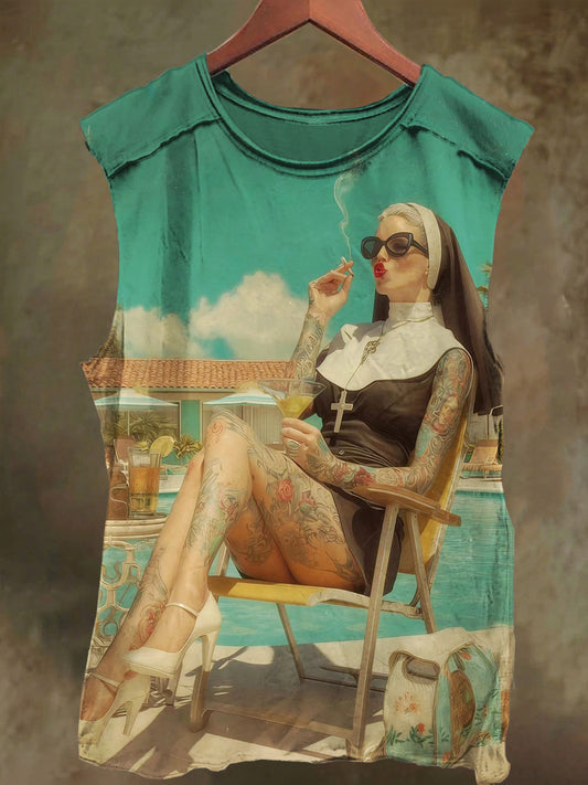 Unisex Beach Tattoo Nun Print Casual Cotton Tank Top