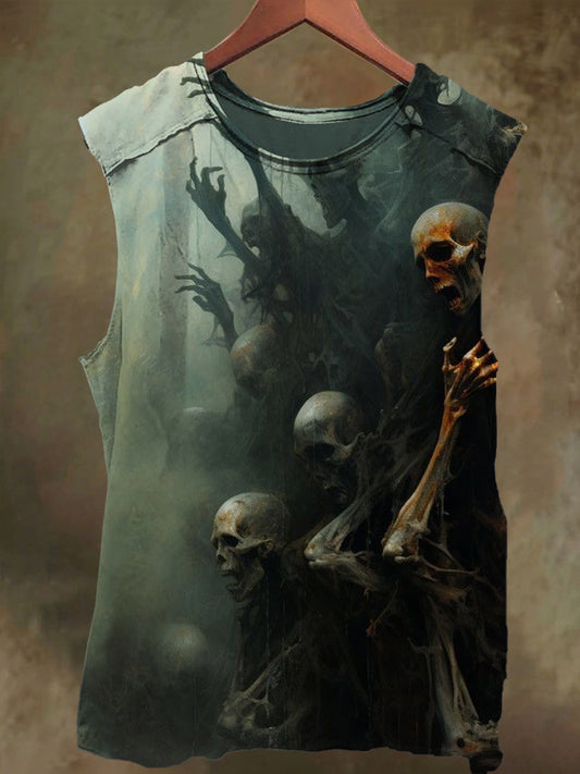 Unisex Dark Skull Pile Print Casual Cotton Tank Top