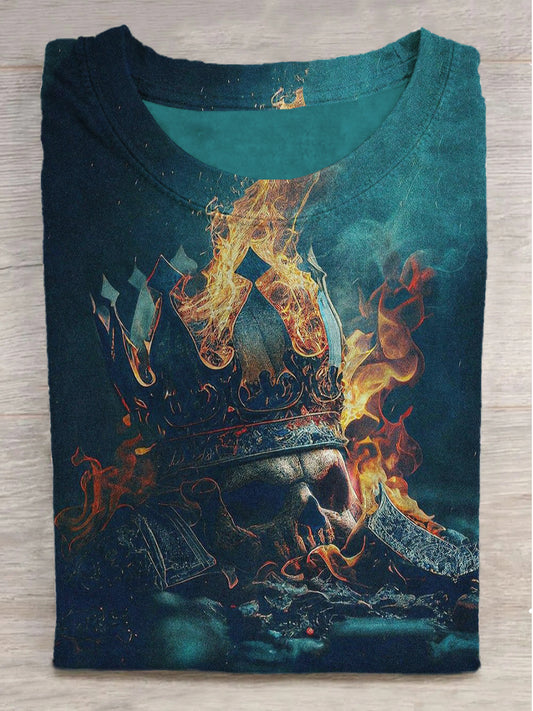 Flaming Skull Ash Print Round Neck Short Sleeve T-Shirt