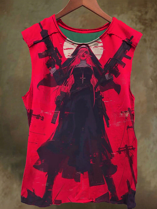 Unisex Gothic Two Gun Nun Print Casual Cotton Tank Top