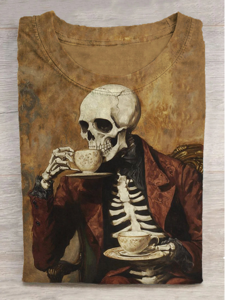 Skull's Afternoon Tea Print Crew Neck Short Sleeve T-Shirt