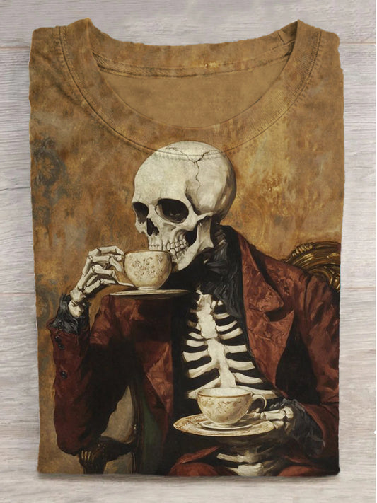 Skull's Afternoon Tea Print Crew Neck Short Sleeve T-Shirt
