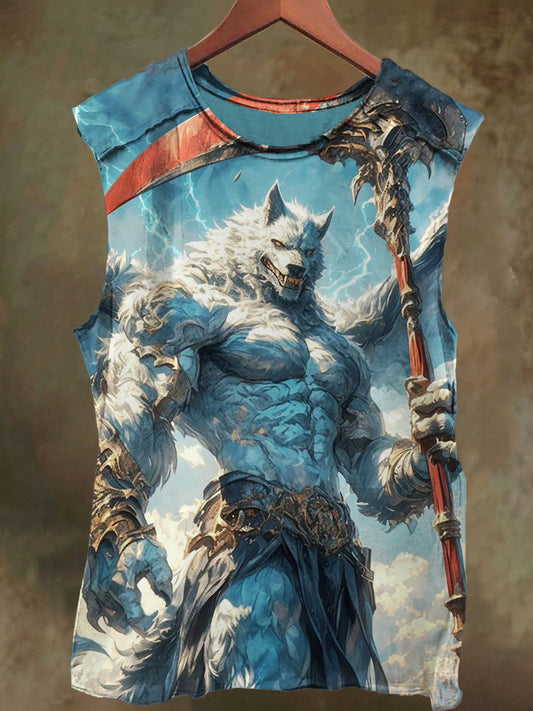 Unisex Ocean White Tiger God of War Print Cotton Tank Top