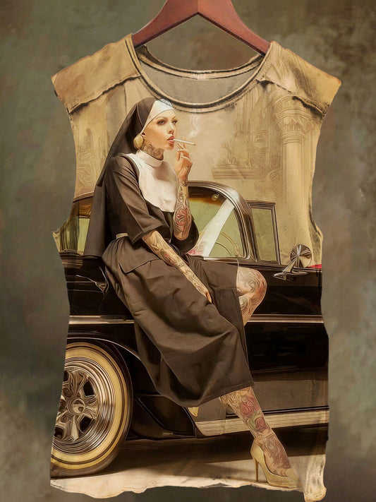 Unisex Car Front Smoking Nun Print Casual Cotton Tank Top