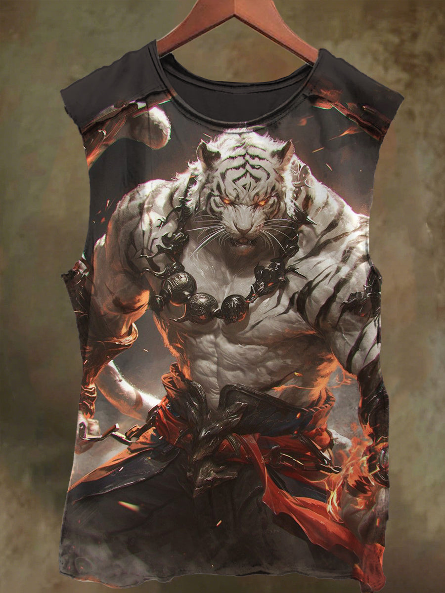 Unisex Spirit Pearl Tiger Warrior Print Casual Cotton Tank Top
