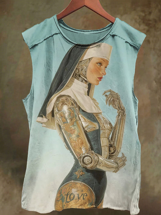 Unisex Tattoo Nun Explosion Print Casual Cotton Tank Top