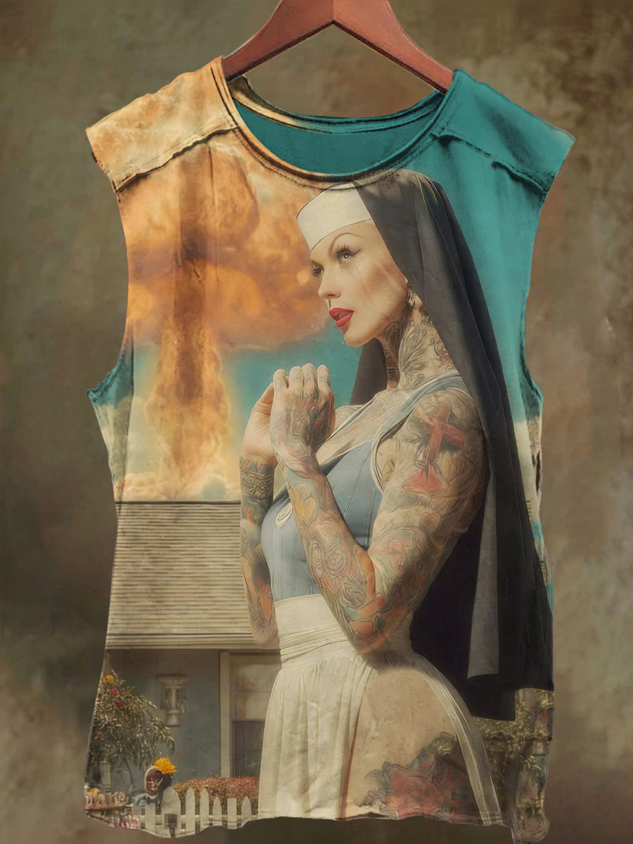 Unisex Tattoo Nun Explosion Print Casual Cotton Tank Top