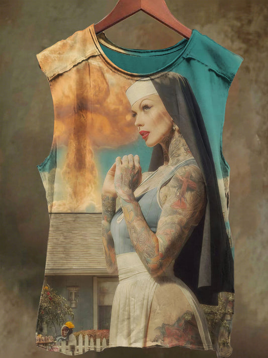Unisex Tattoo Nun Explosion Print Casual Cotton Tank Top