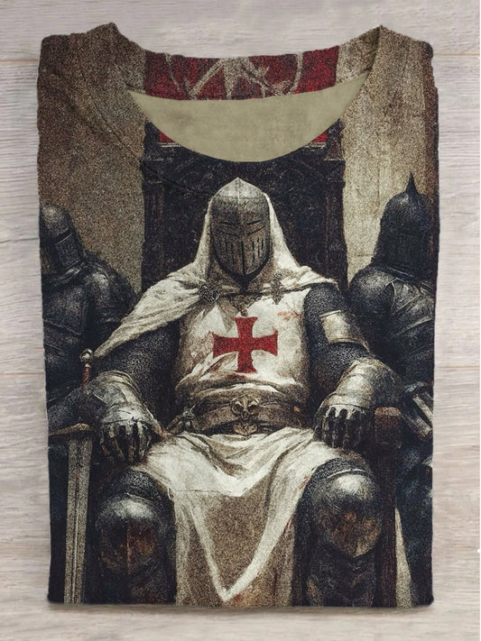 Cross Frosted Crusader Print Round Neck Short Sleeve T-Shirt