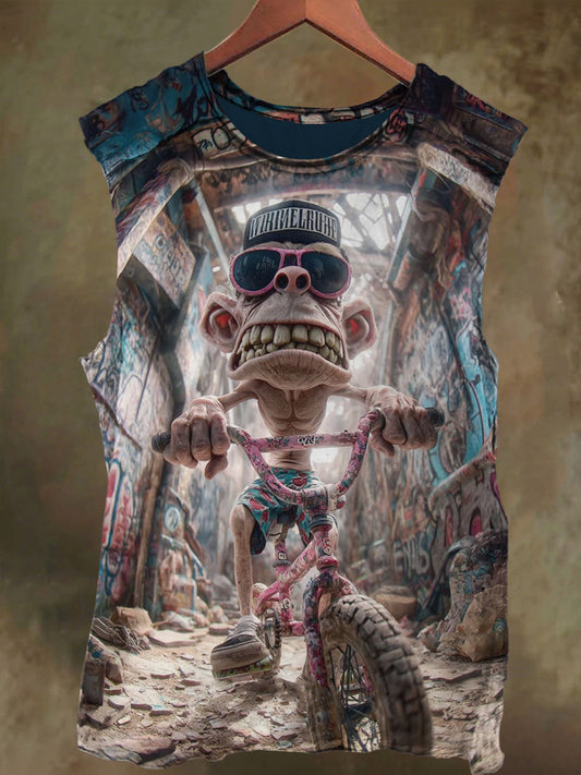 Unisex Bicycle Monkey Print Casual Cotton Tank Top