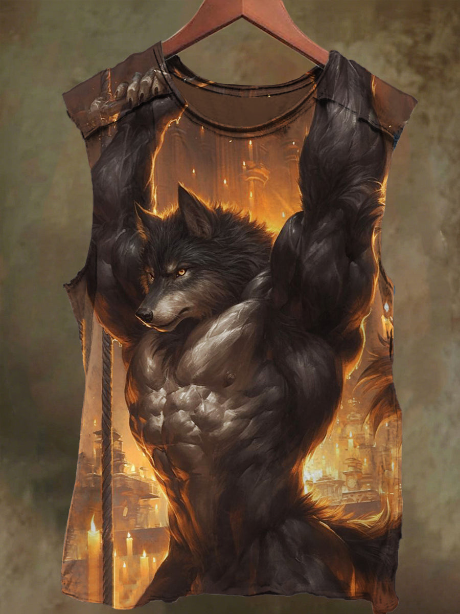 Unisex Wolf Warrior Print Casual Cotton Tank Top