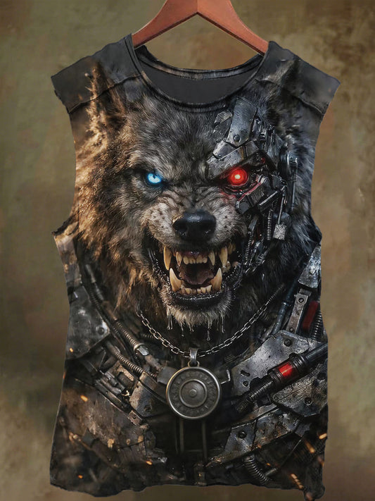 Unisex Black Wolf Warrior Print Cotton Tank Top