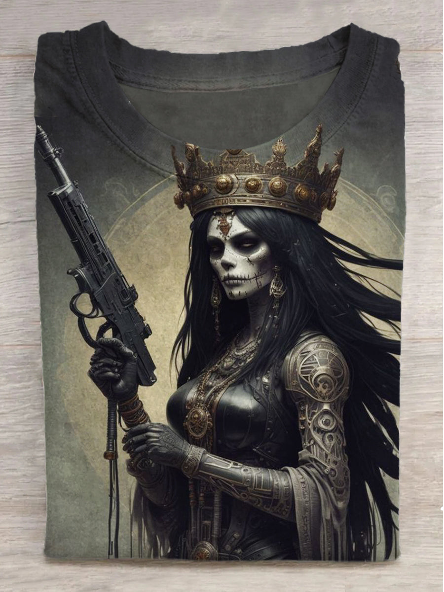 Skull Queen Pistol Print Round Neck Short Sleeve T-Shirt