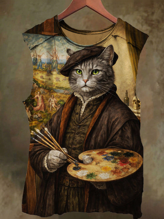 Unisex Oil Painting Master Cat Print Cotton Tank Top
