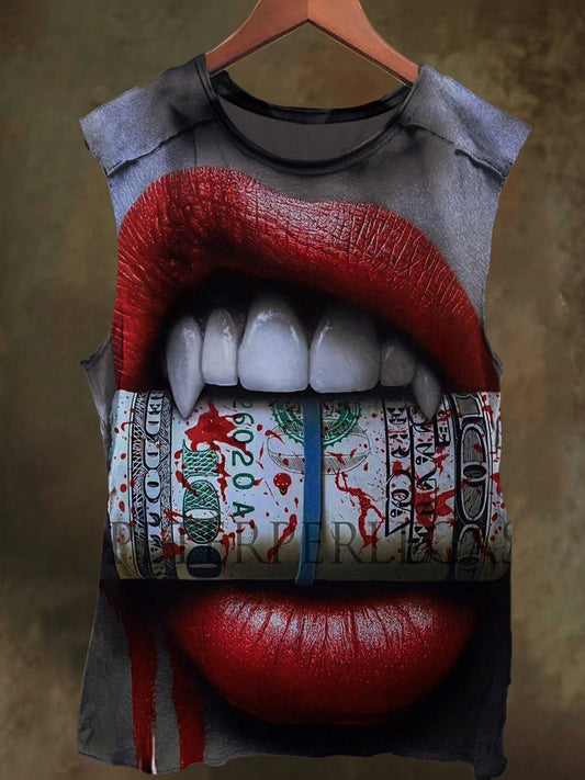 Unisex Gothic Lipstick Gold Coin Print Casual Cotton Tank Top