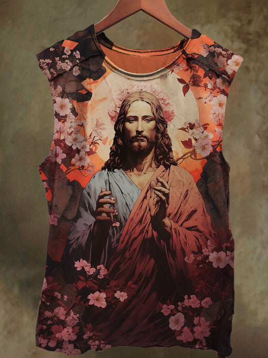Unisex Jesus Cherry Blossom Print Casual Cotton Tank Top