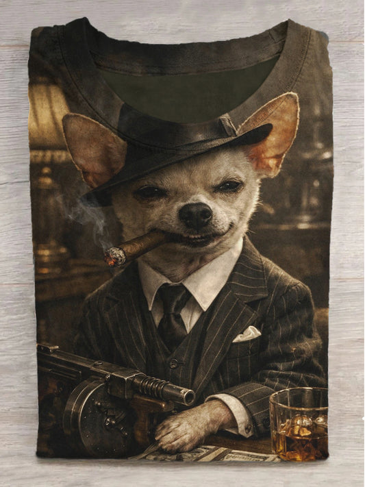 Chihuahua Pistol Coin Print Round Neck Short Sleeve T-Shirt