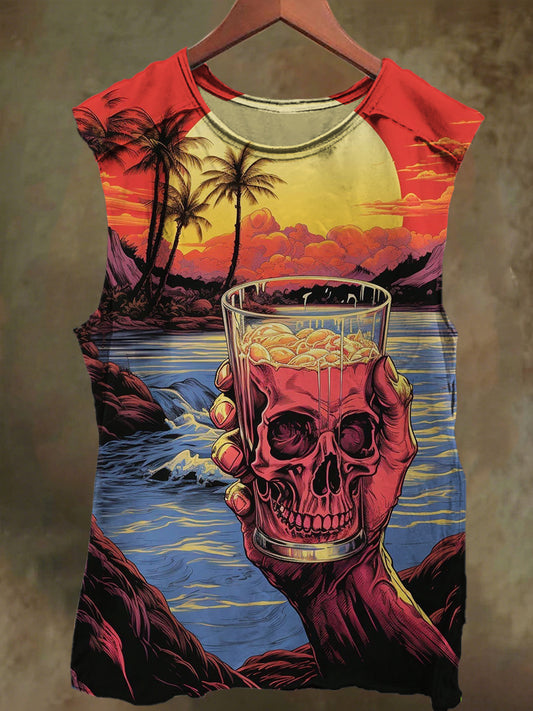 Unisex Sunset Skull Wine Glass Print Casual Cotton Tank Top