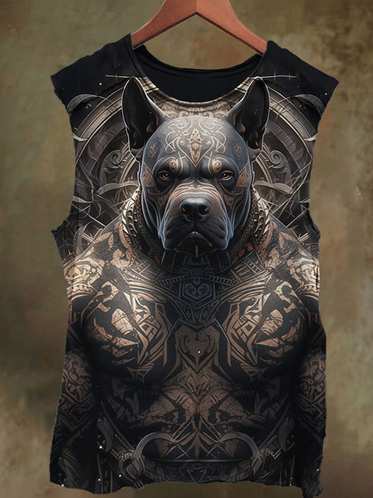 Unisex Tattoo Dog Warrior Print Casual Cotton Tank Top