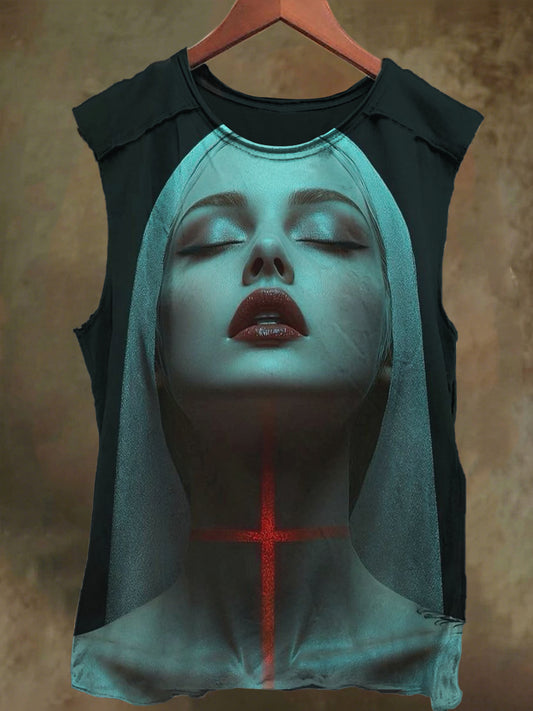 Unisex Gothic Nun Cross Print Casual Cotton Tank Top
