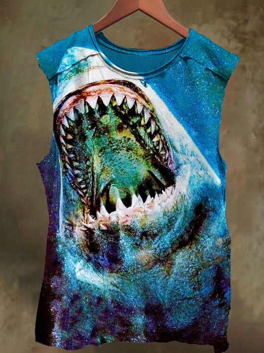 Unisex Open Mouth Shark Print Casual Cotton Tank Top