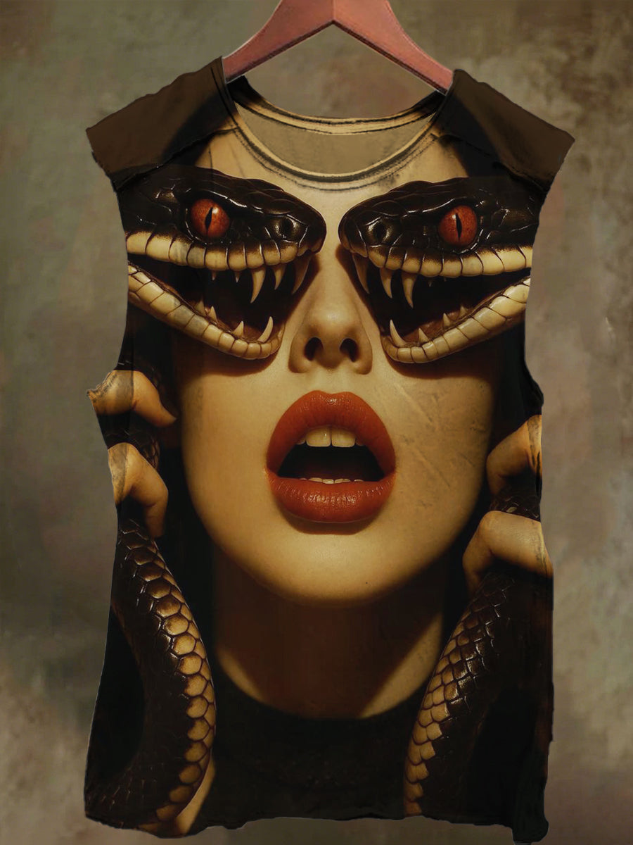 Unisex Girls Black Snake Eye Pupil Print Casual Cotton Tank Top