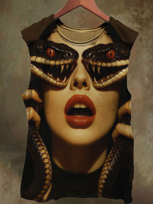 Unisex Girls Black Snake Eye Pupil Print Casual Cotton Tank Top