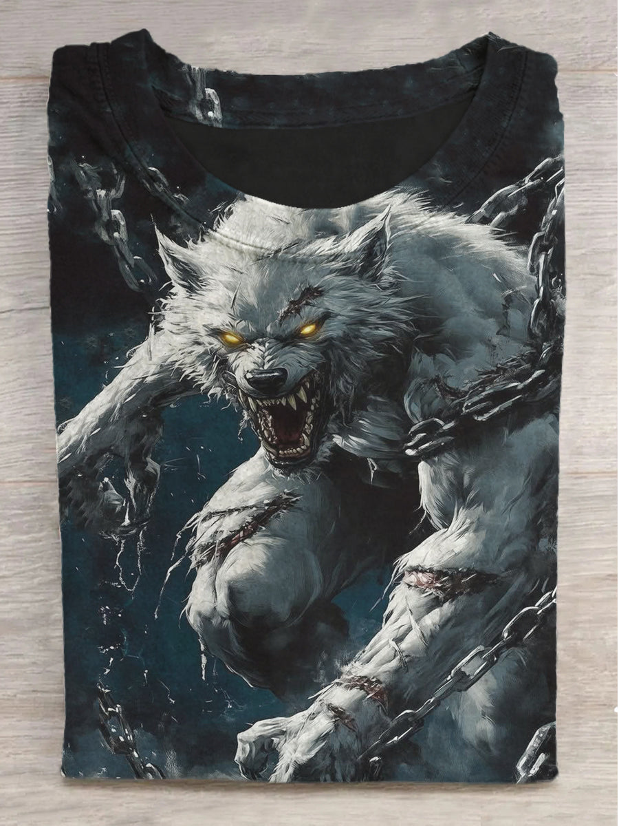 White Wolf Chained Warrior Print Round Neck Short Sleeve T-Shirt