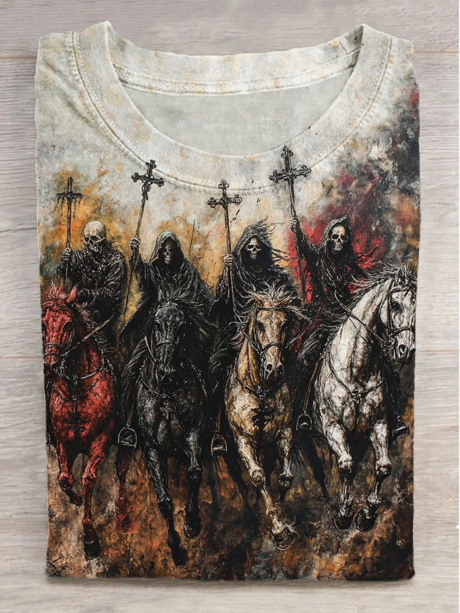 Skeleton Army Knights Print Round Neck Short Sleeve T-Shirt