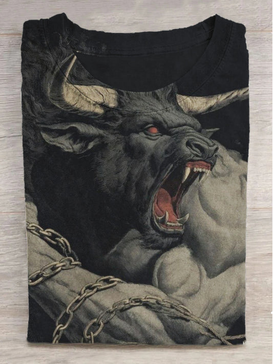 Muscle Bull Warrior Printed Round Neck Short Sleeve T-Shirt